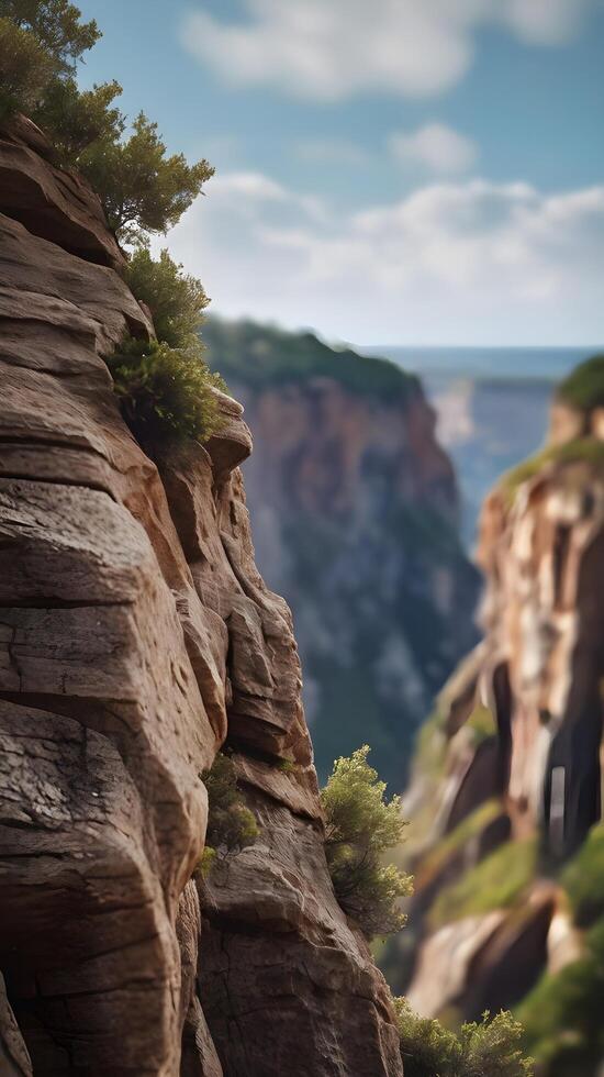 A vertical shot of a dramatic cliff face with layered rock formations, natural hues, and clear sky for text placement. photo