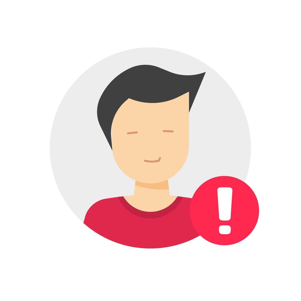 User profile caution or important notice identification icon, personal fake account or fraud risk data alert notification flat male man symbol, web person id safety message isolated vector