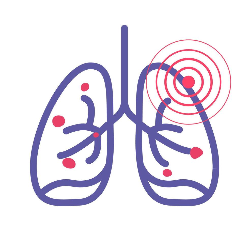 Lungs cancer pain illness or lung pneumonia and bronchitis tuberculosis pulmonary disease line outline art icon illustration, concept of medicine or medical respiration infection of organ vector