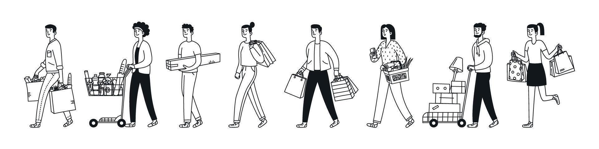 Set of people with shopping carts. Shoppers, consumers with grocery carts and supermarket baskets walking. Customers with purchases, fresh products. Doodle illustration vector