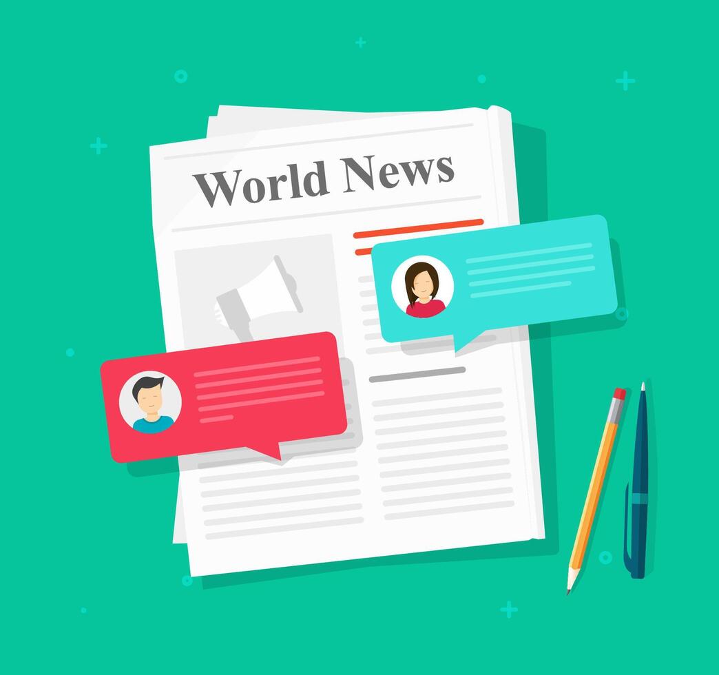 News discussion speech bubbles chat messages or newspaper press event talking rumors about the global news flat, concept of gossip magazine comments or communication vector