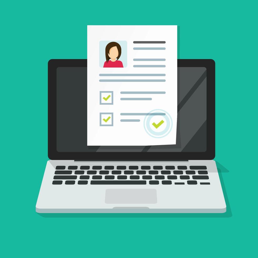 Personal interview online with skills data investigation document on computer laptop or internet digital recruitment test application with approval check mark list flat, human resources concept vector
