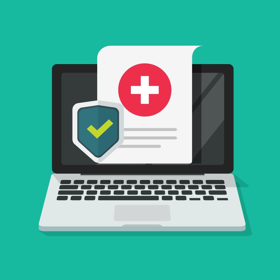 Medical health care insurance form protection online on laptop computer or pc digital internet medicare healthcare document risk claim coverage flat, web pharmacy life allowance policy vector