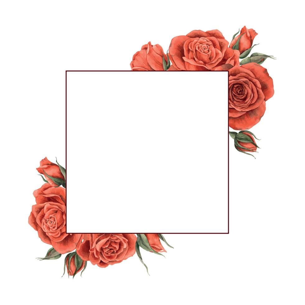 Red velvet bright roses with green leaves. Watercolor frame illustration, square shape, hand drawn, suitable for banners, cards, invitations, packaging, weddings, Valentine's Day, vector