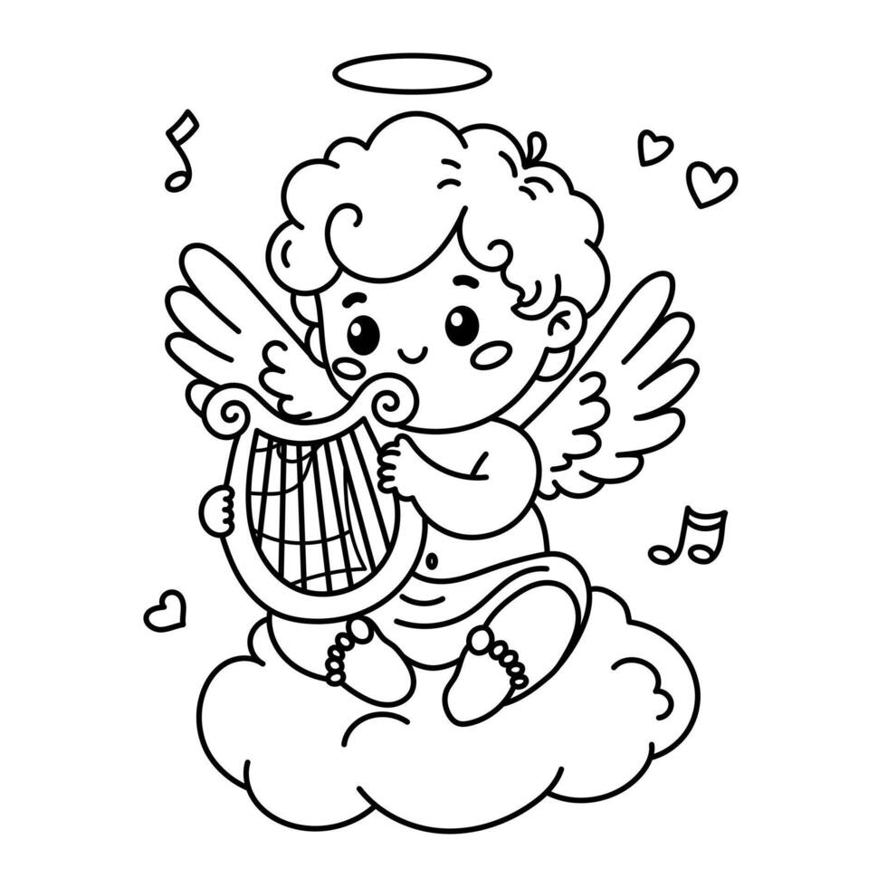 Charming Cupid illustration playing a harp. Perfect for Valentine's Day and coloring activities vector
