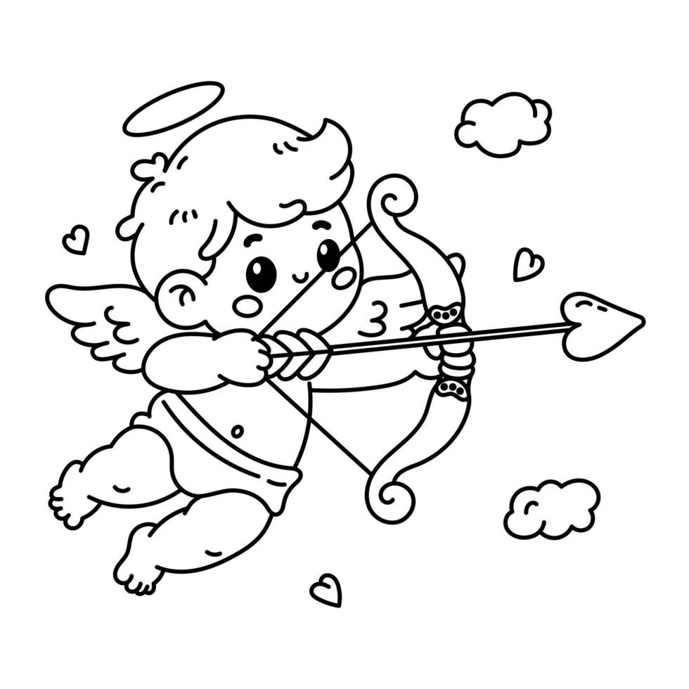 Adorable Cupid illustration with bow and arrow, flying among clouds. Perfect for Valentine's Day and coloring activities vector