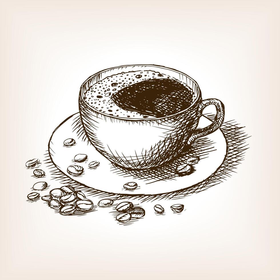 Cup of coffee with coffee beans sketch style illustration. Old engraving imitation. Hand drawn sketch imitation vector