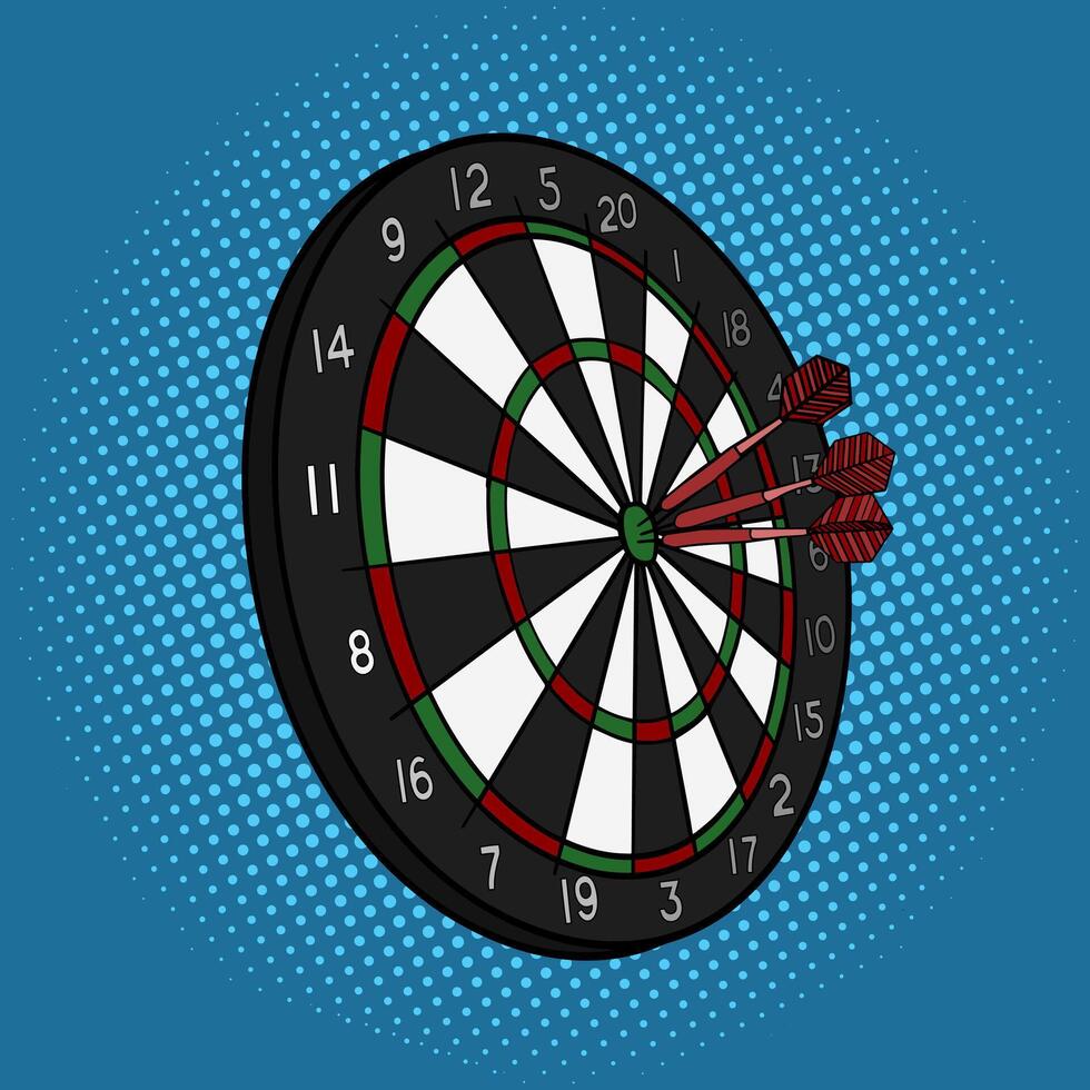 Darts hit target pop art style illustration. Comic book style imitation vector