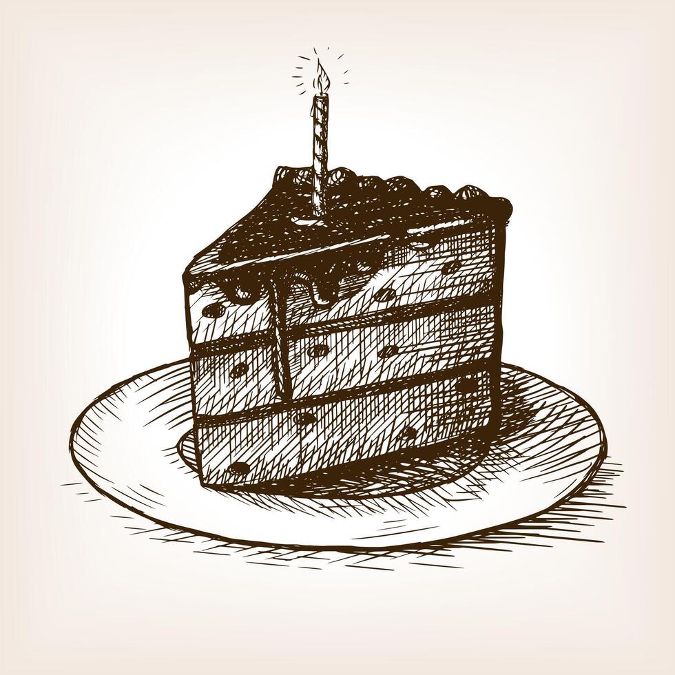 Piece of cake with a candle sketch style illustration. Old engraving imitation. Hand drawn sketch imitation vector