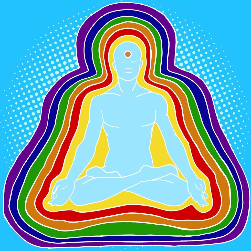 Silhouette of meditating human aura pop art style illustration. Aura of human. Esoterism vector