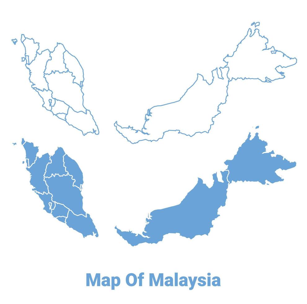 Malaysia Blue map flat regions border outline illustration vector