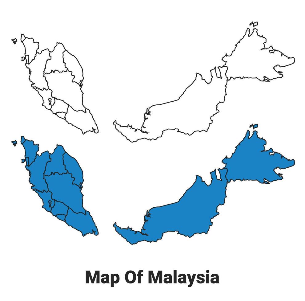 Malaysia Blue detailed outline map border regions outline set vector