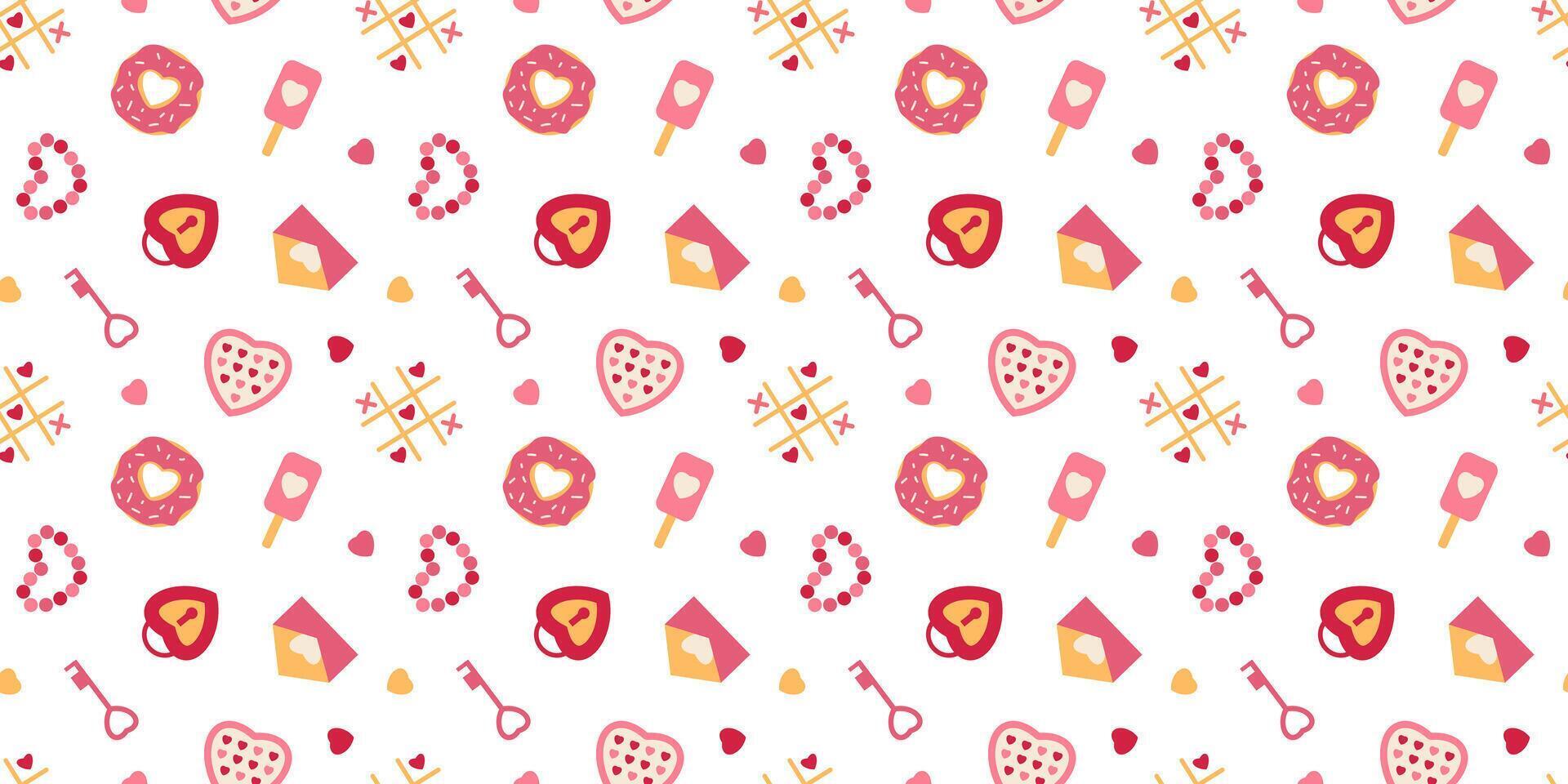 Valentines Day Seamless pattern in red and pink. Simple door lock letter candy donut ice cream hearts on endless cute illustration. Wrapping, packaging in flat style. Gift wrap or greeting card. vector