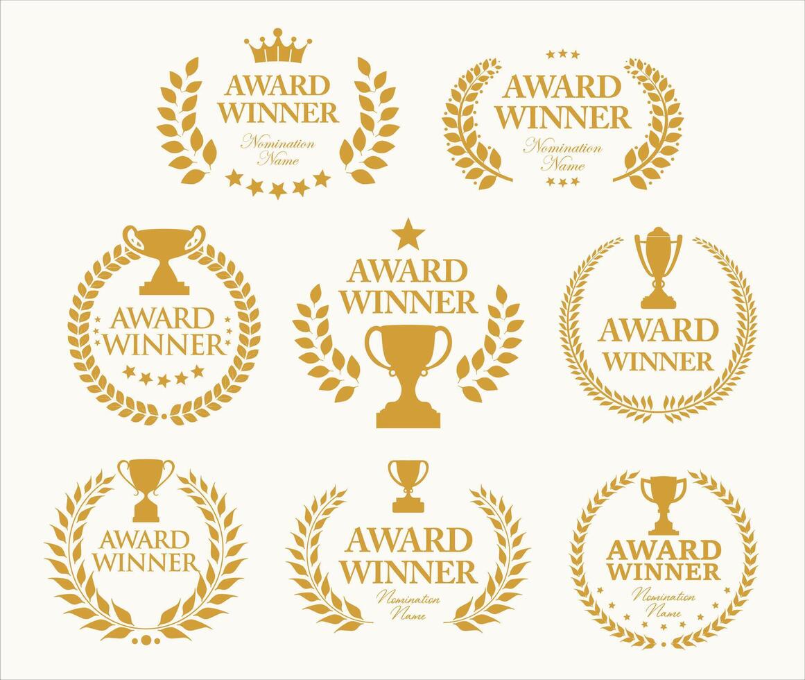 Award Winner emblem collection of gold laurel with gold text and trophy vector