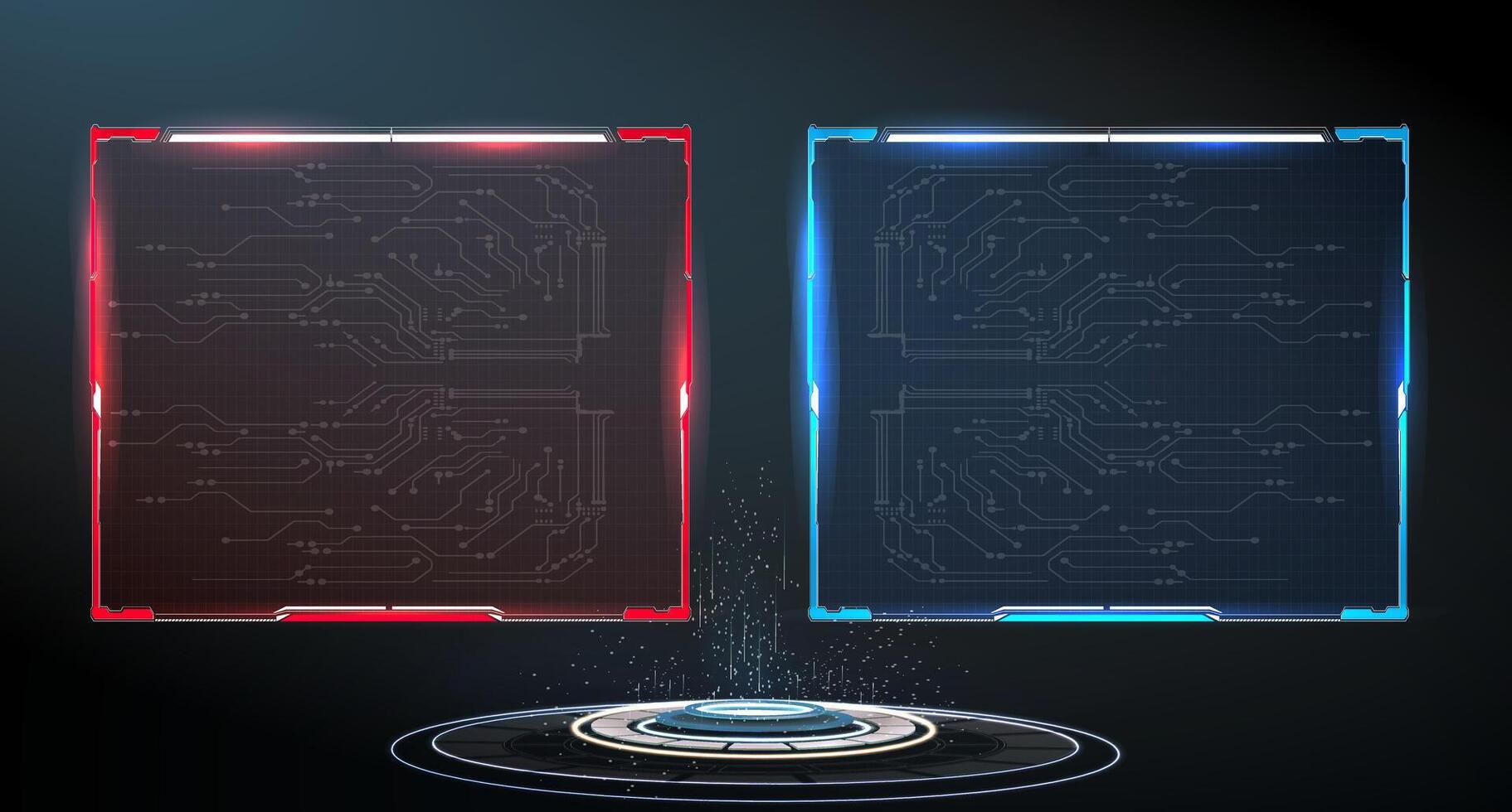 The artwork showcases two high-tech digital interface panels, one red and one blue, glowing against a black backdrop vector