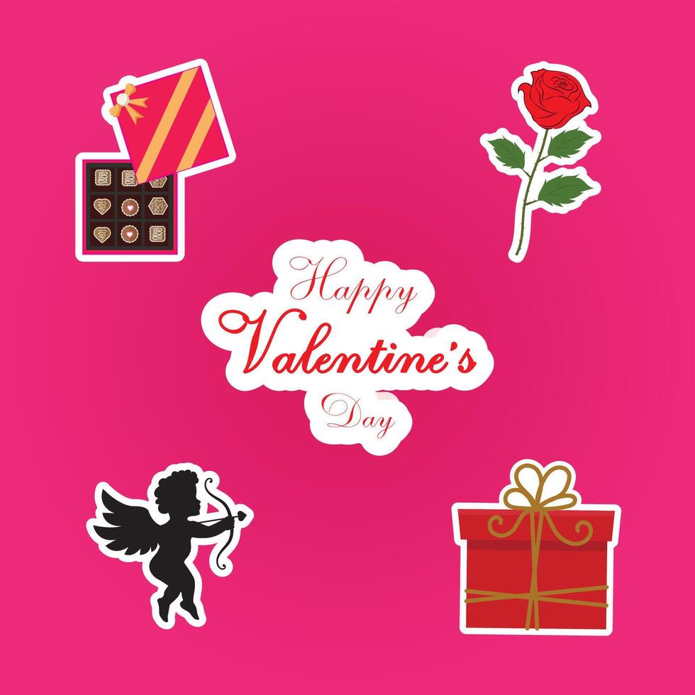 Valentine's Day Greeting Design with Cupid, Roses, Gifts, Chocolates, and Romantic Elements on Pink Background vector