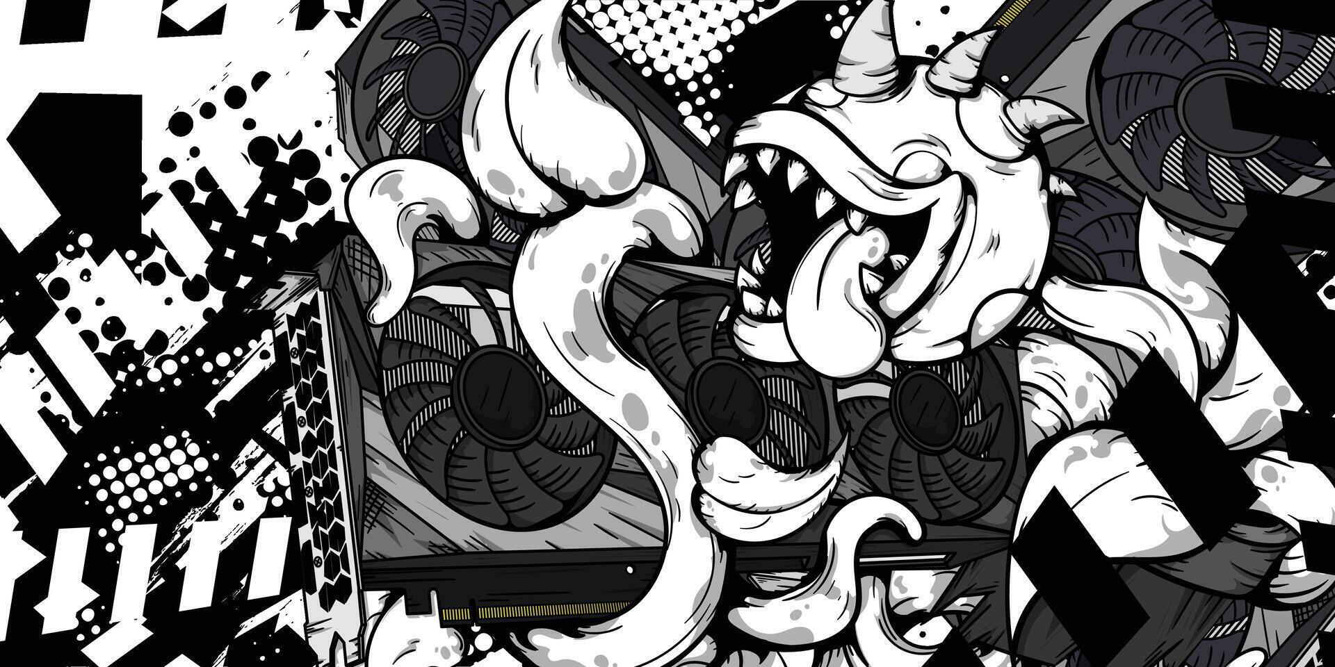 Plant monster illustration design with black and white abstract textured background vector