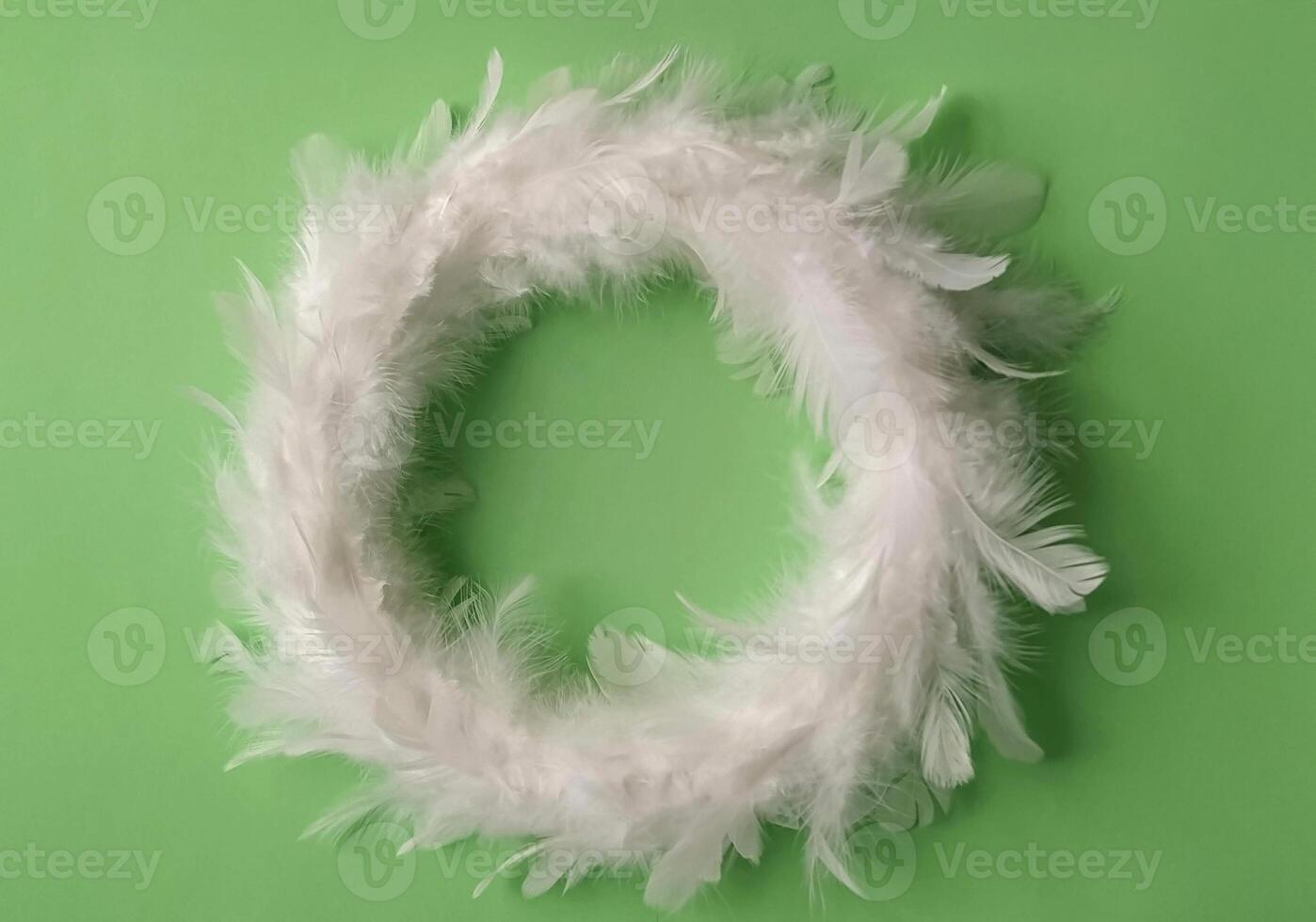 White Feather Wreath on Green Background photo