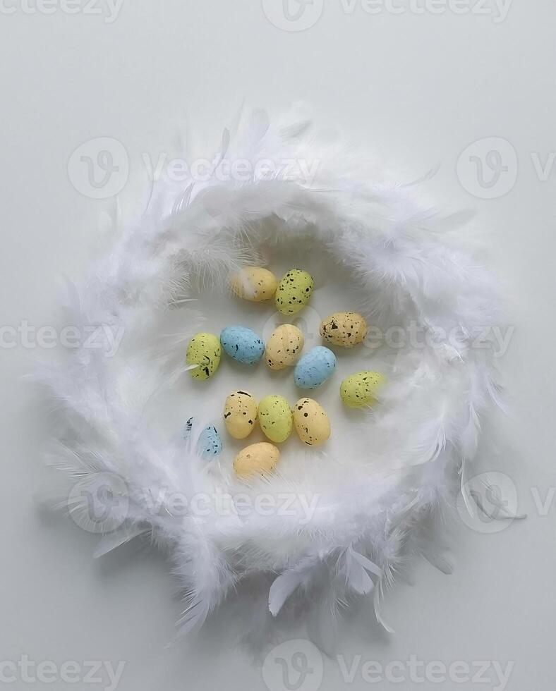 Speckled Easter Eggs in Feather Nest on White Background photo