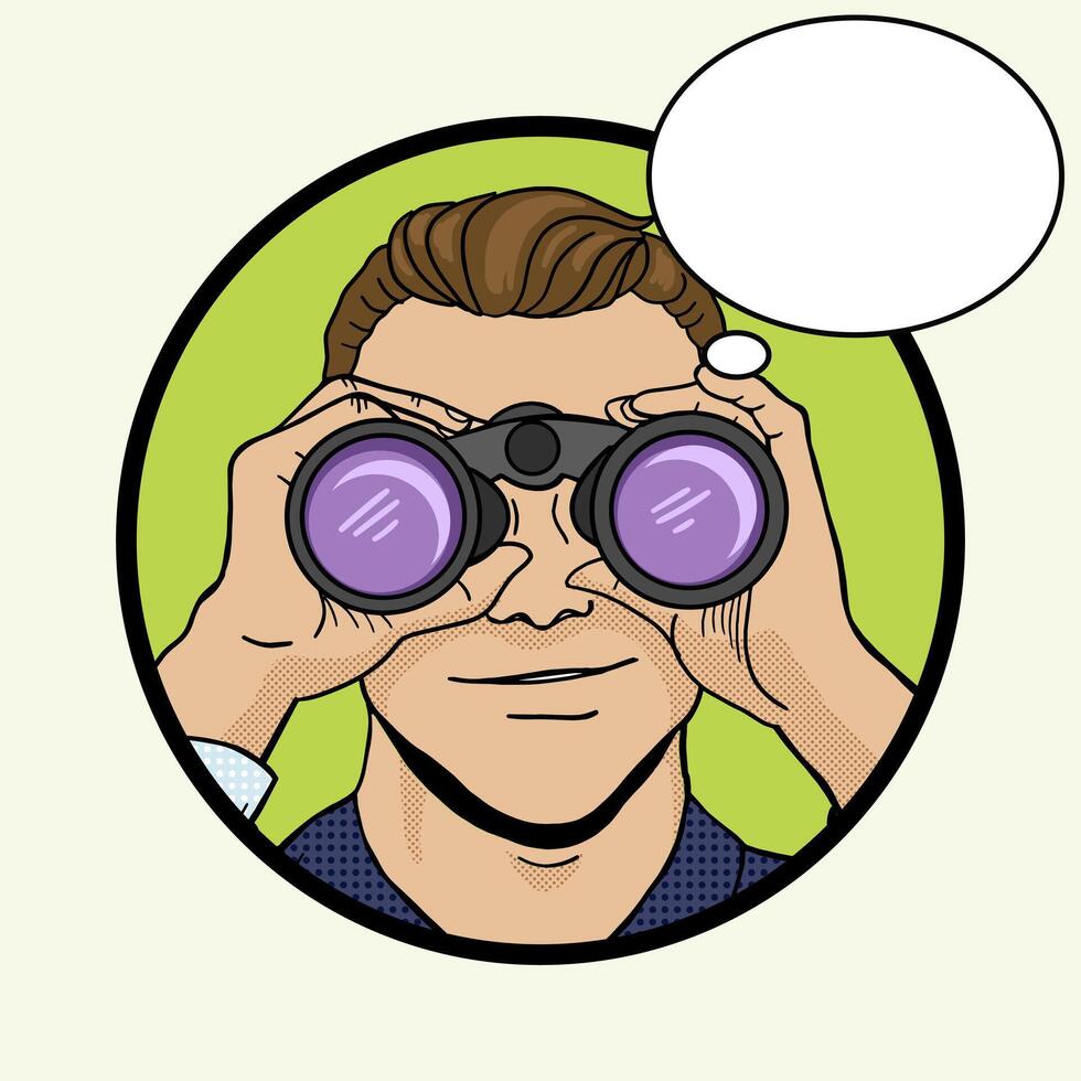 Businessman looking through binoculars pop art style illustration. Comic book style imitation vector