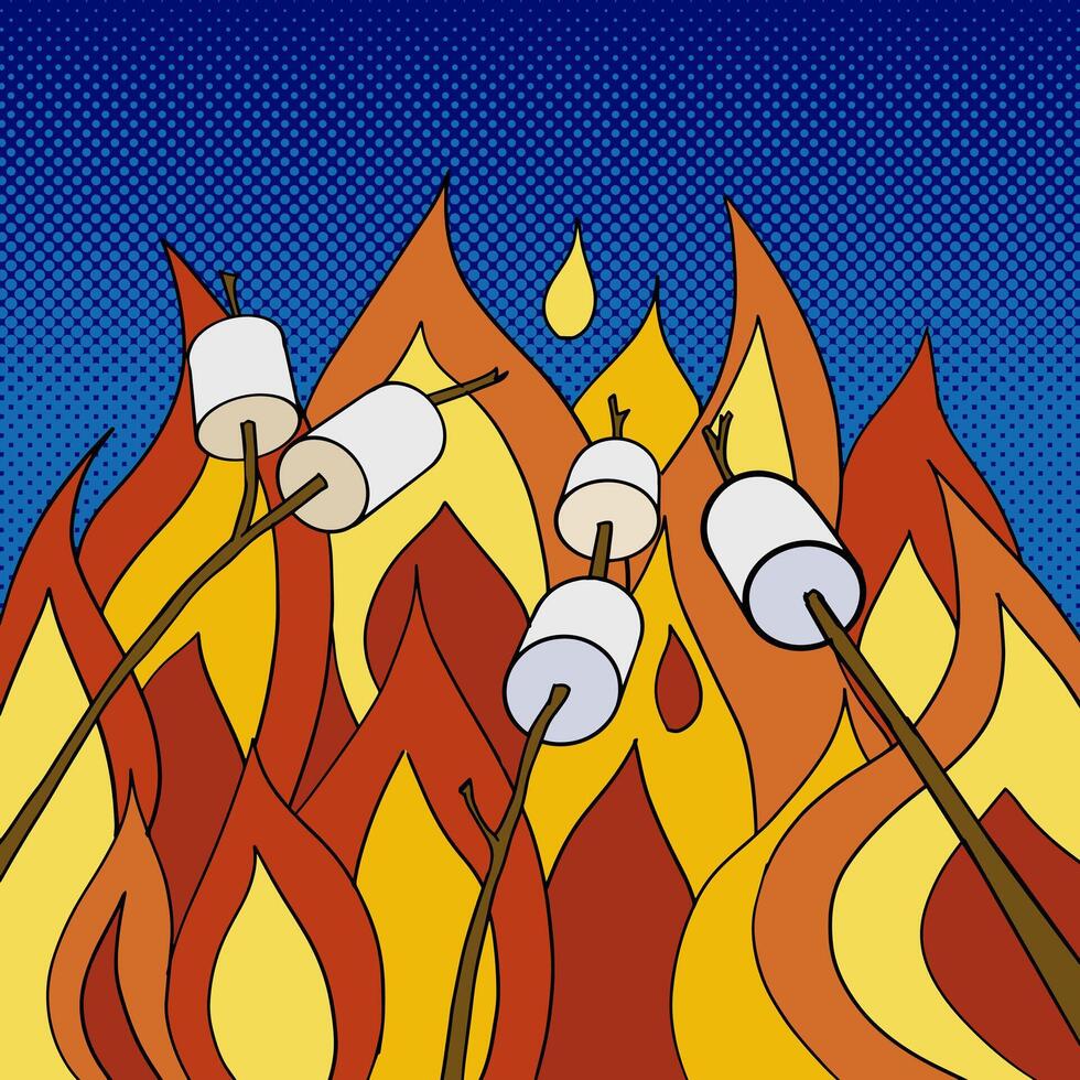 Marshmallow roasting on fire pop art style illustration. Comic book imitation vector