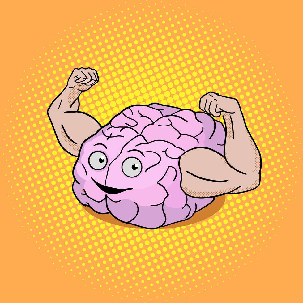 Brain training pop art style illustration. Colorful cartoon powerful brain. vector