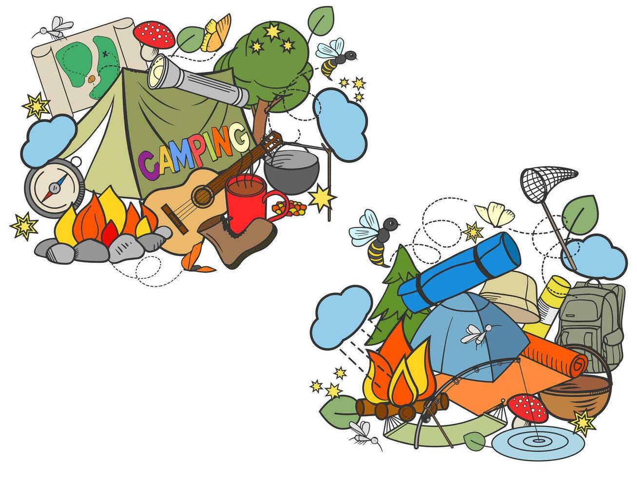 Camping design colorful set illustration. Coloring book. Black and white line art vector