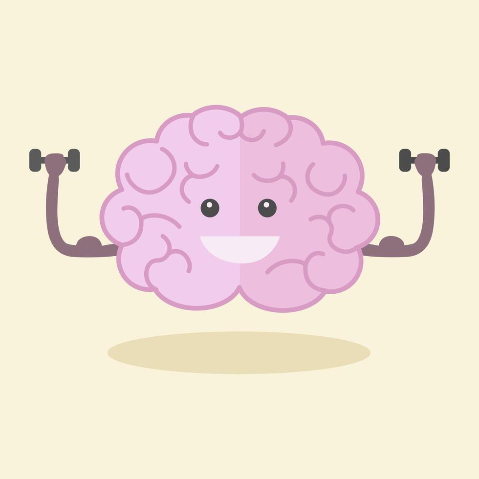Brain training flat style illustration. Colorful cartoon powerful brain. vector
