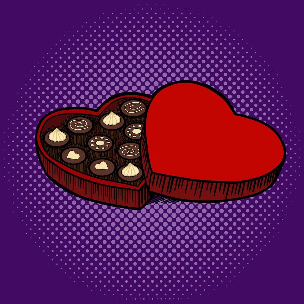 Heart shaped box with chocolate candies pop art style illustration. Comic book style imitation vector