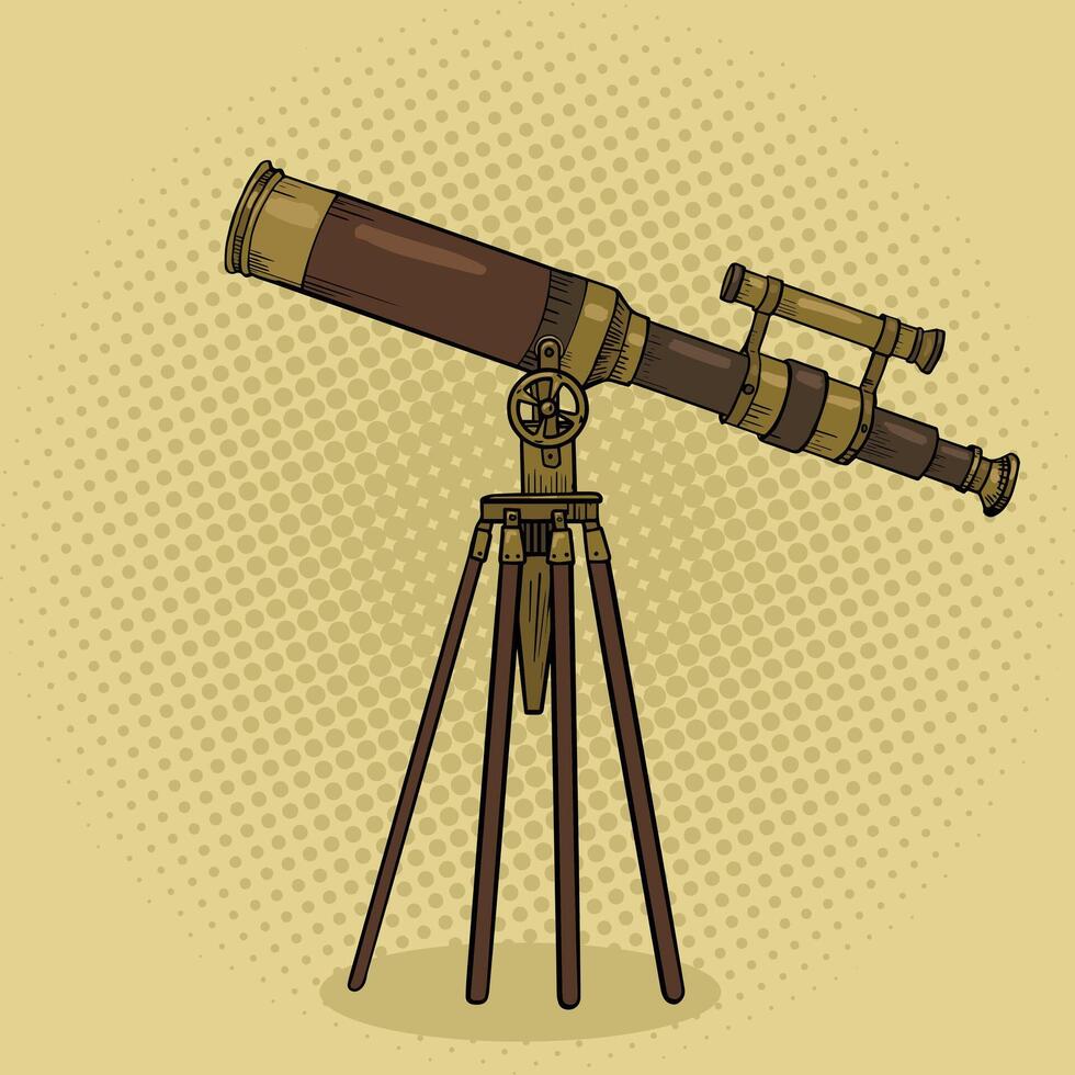Old telescope pop art style illustration. Comic book style imitation. Science tool vector