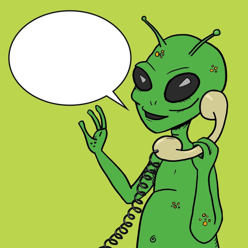 Alien talking phone pop art style illustration. Comic book style imitation vector