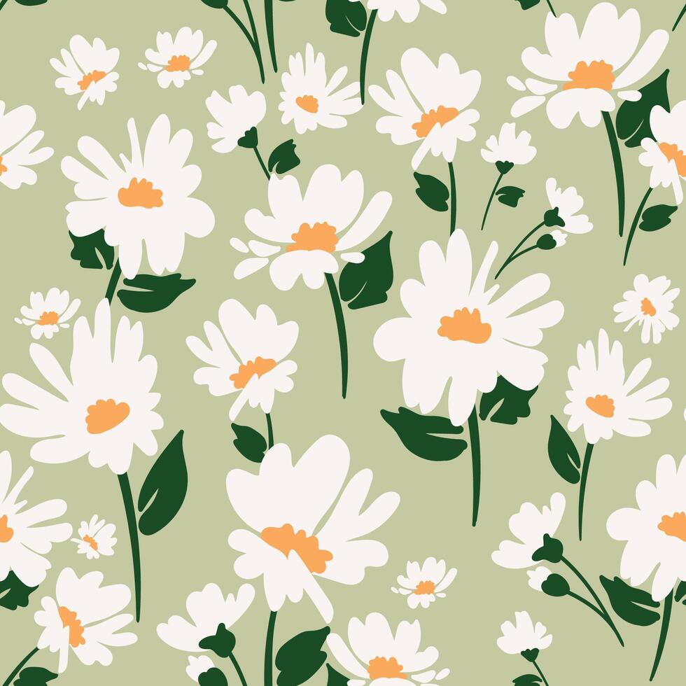 Elegant floristic pattern featuring chamomiles and leaves. Ideal for surface design, fabric, paper and etc. vector