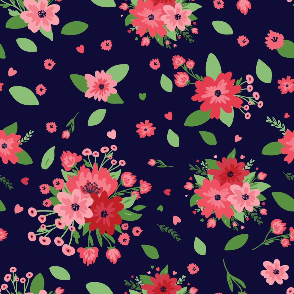 a floral pattern with pink flowers and leaves vector