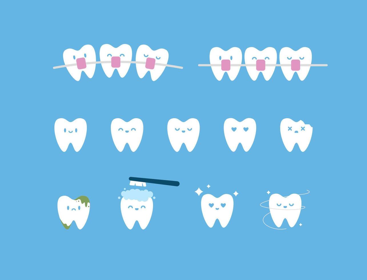 cute set collection of tooth cartoon mascot simple flat icon style illustration in white color vector