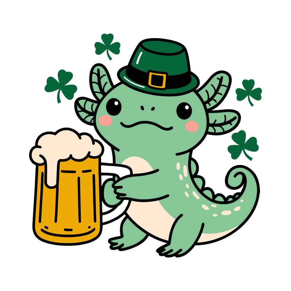 Cute Axolotl with Beer and St. Patrick's Day Hat Illustration vector