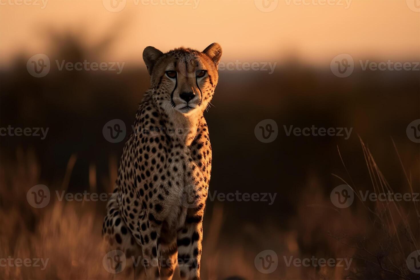A cheetah carefully observing its surroundings.Front view photo