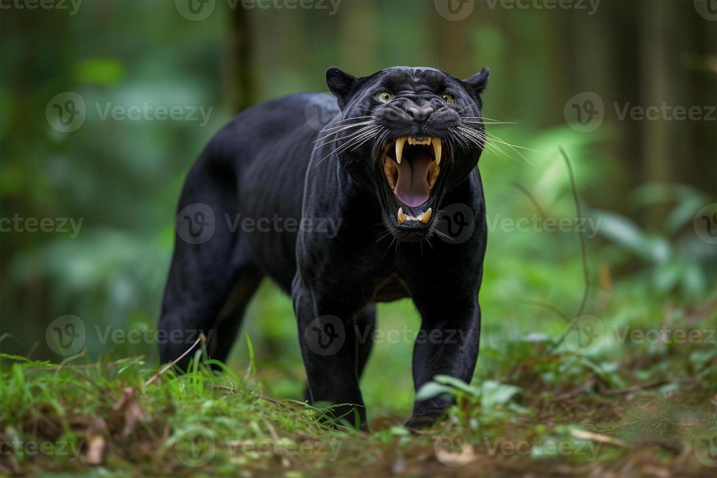 Angry black panther roaring and running in the forest. photo
