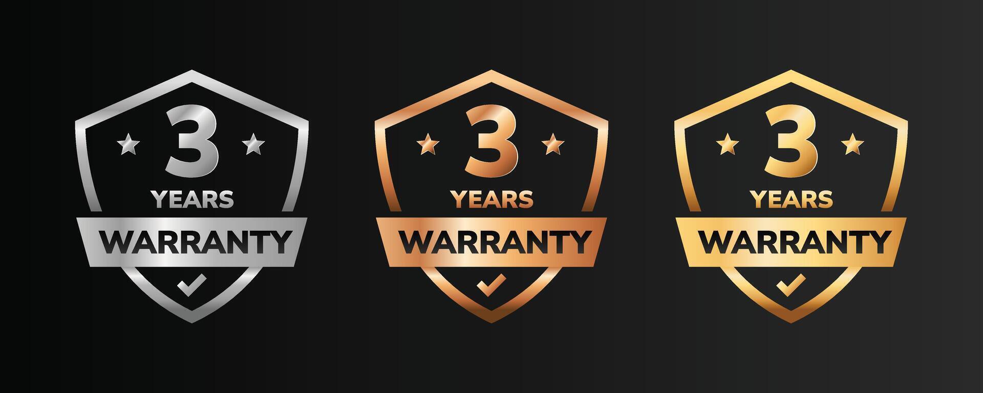 3 years warranty badge, logo, stamp design. Golden and platinum shield elegant warranty template sticker. vector