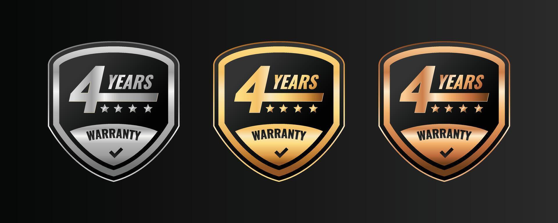 4 years warranty badge, logo, stamp design. Golden and platinum shield elegant warranty template sticker. vector