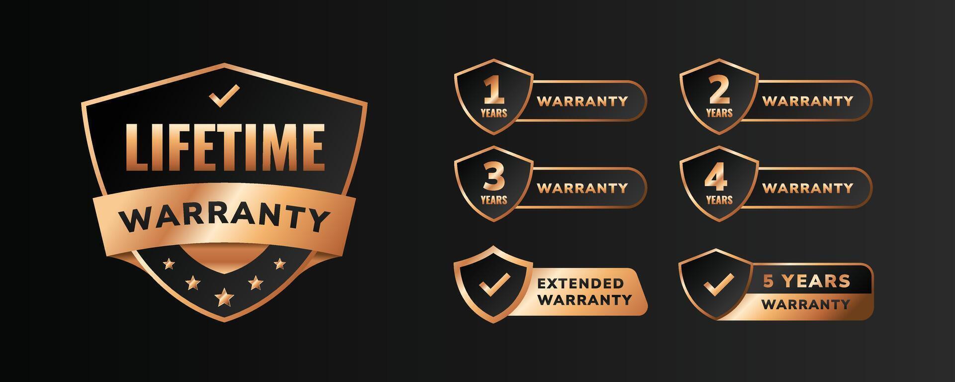 Golden warranty badge collection. Set of gold elegant warranty logo, patch, stamp. vector
