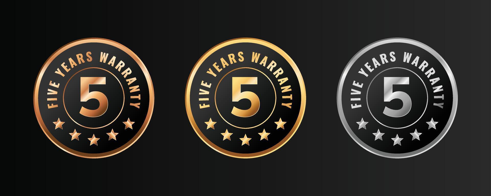 5 years warranty badge, logo, stamp design. Golden and platinum round elegant warranty template sticker. vector