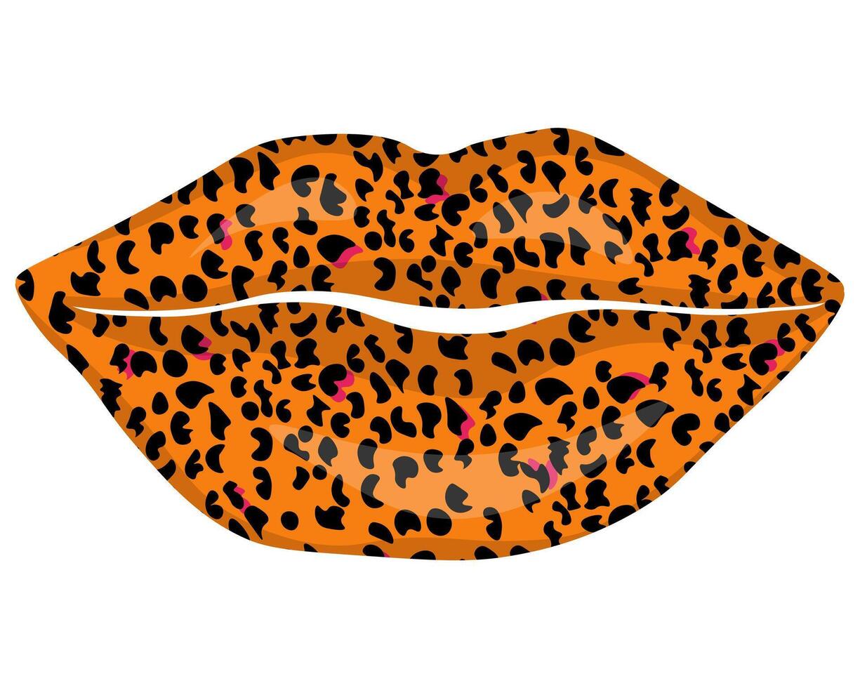 Lips with bright cheetah print, stylish make up on part of face for design vector