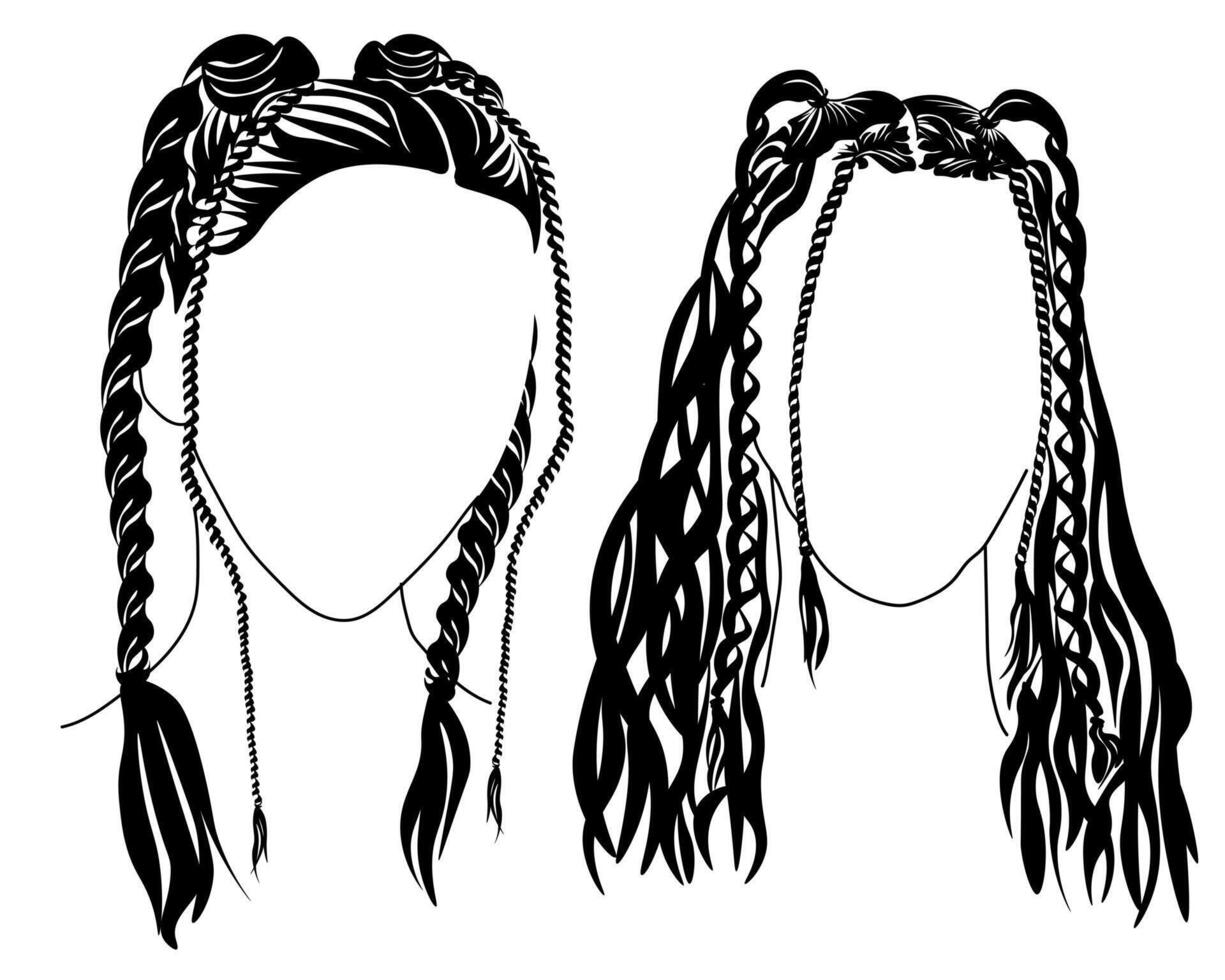 Set of silhouettes of women's hairstyles with braids, fashionable styling with braids on medium-length hair vector