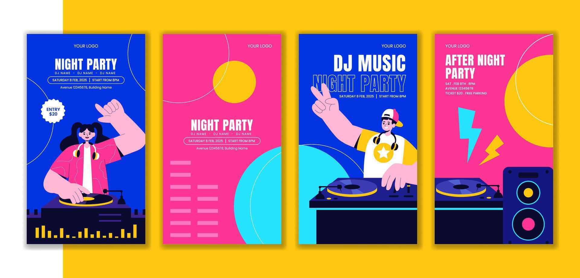 DJ Party Nightlife Club Social Media Stories Template in Flat Cartoon Style Illustration vector