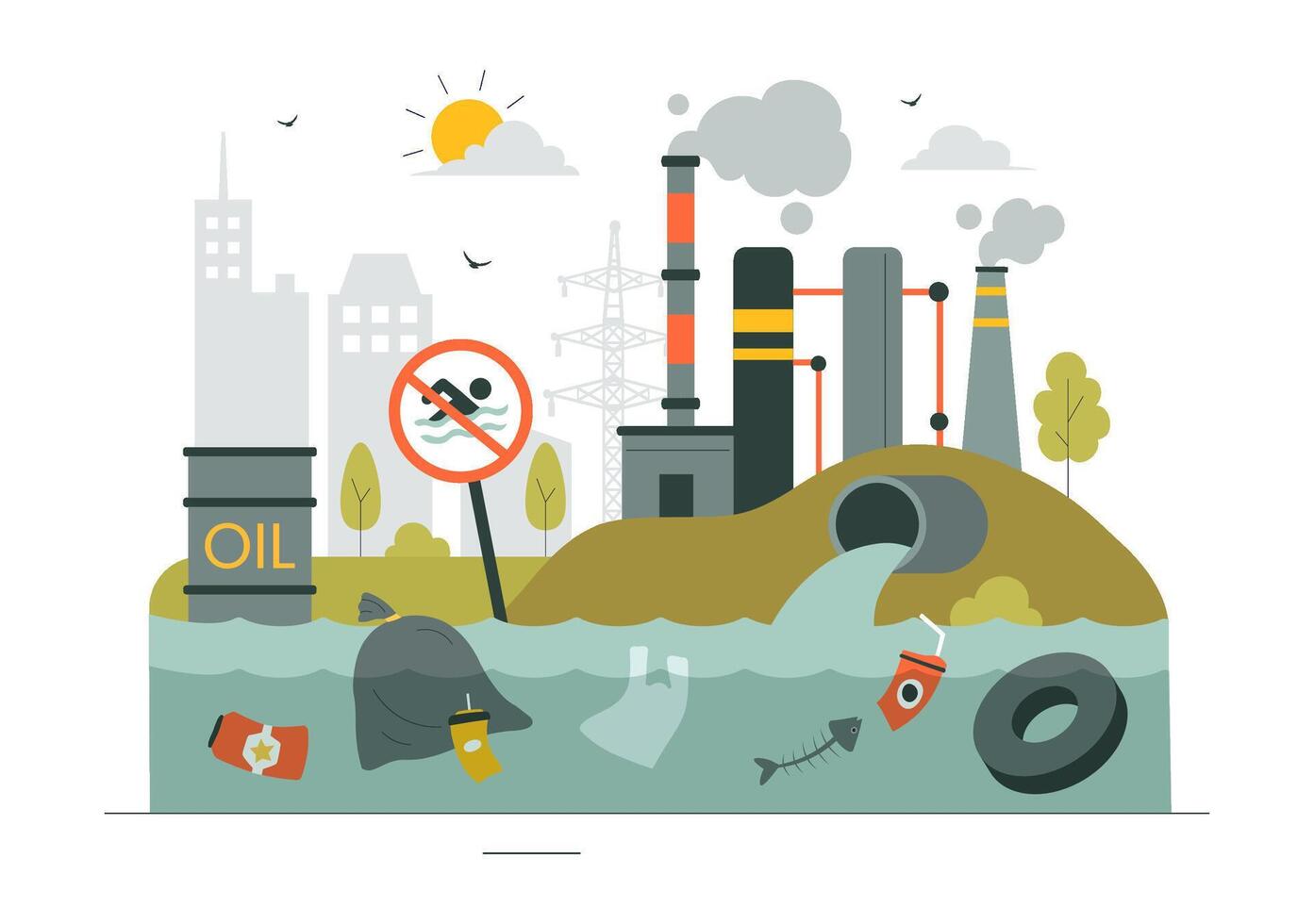 Factory Emissions and Water Contamination Illustration for Environmental Awareness vector