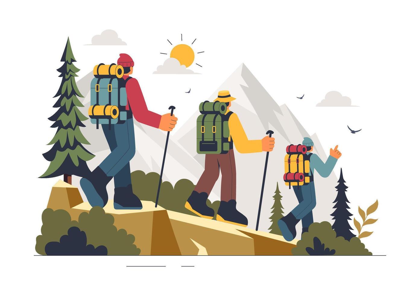 Mountain Walk Illustration with Adventurers Carrying Backpacks and Poles on a Scenic Trail vector