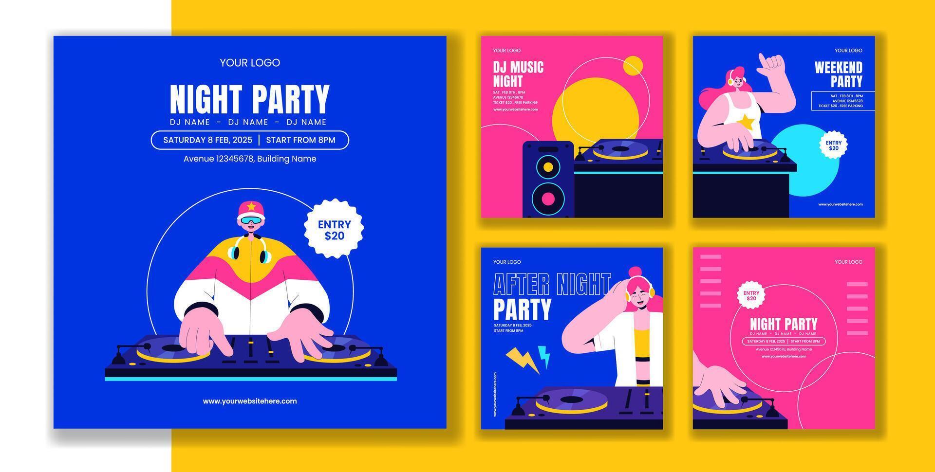 Nightlife Club DJ Party Social Media Post with Flat Cartoon Hand Drawn Templates Background vector