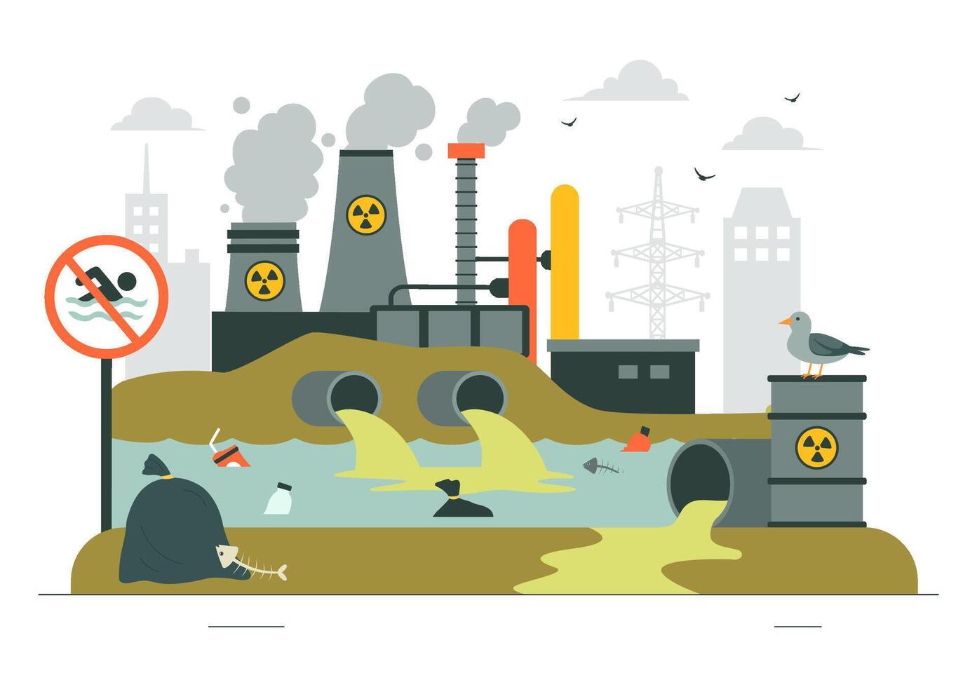 Environmental Disaster Art Showing Water Pollution from Industrial Plants vector