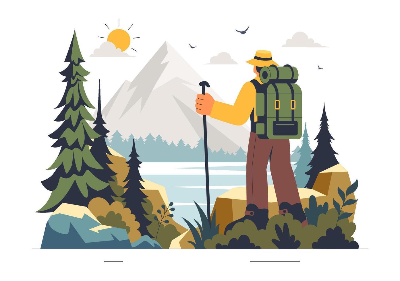 Flat Style Art of Mountain Climbers Walking on a Scenic Trail with Trekking Gear in a Natural Landscape vector
