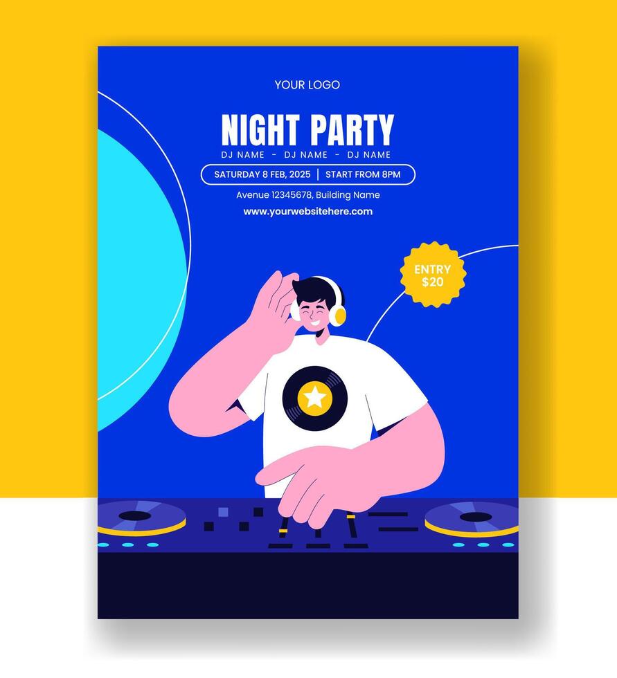 Vertical Poster Design for Club Night DJ Party with Flat Cartoon Background vector